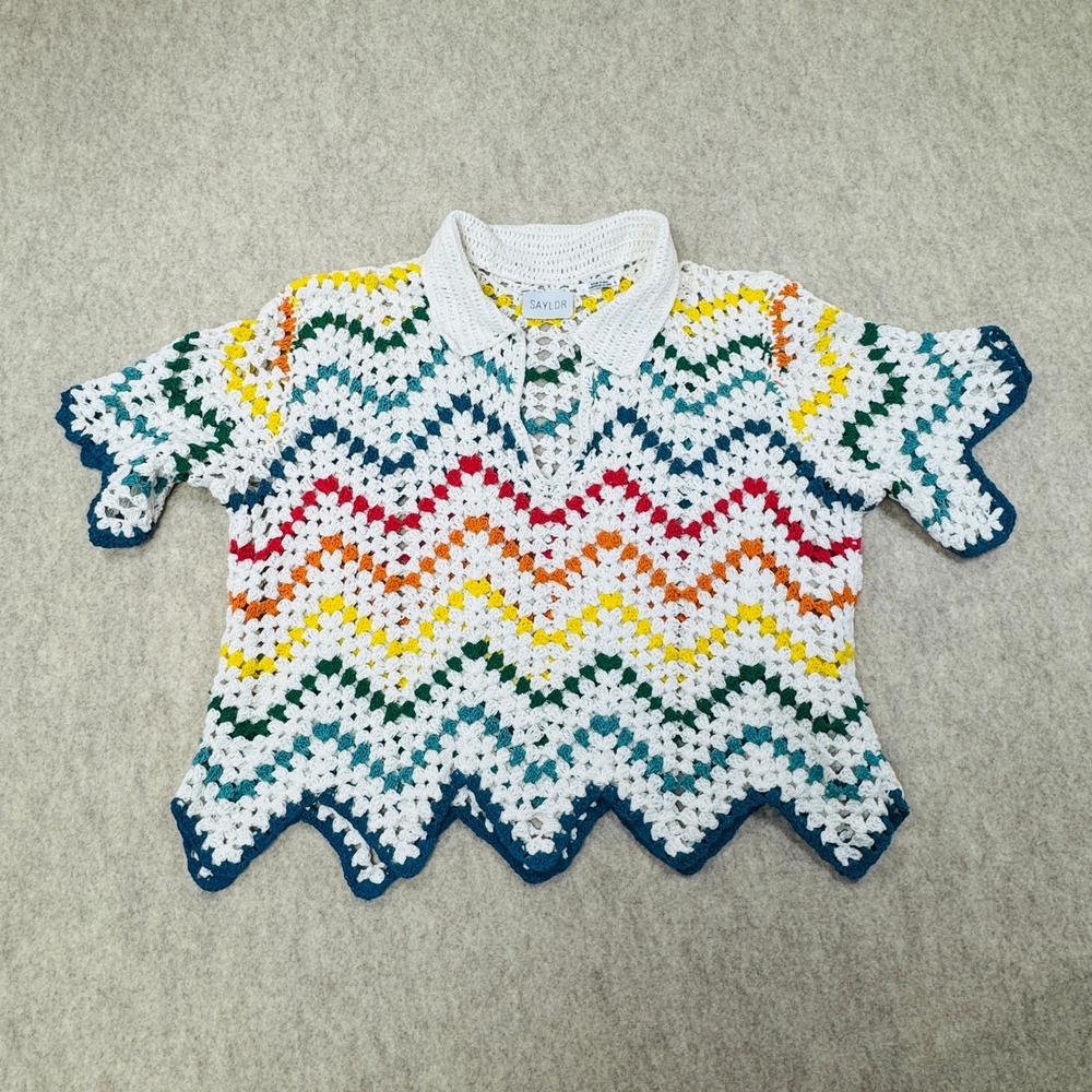 Saylor Crochet Top Womens Small White Multi Rainbow Chevron Short Sleeve Polo